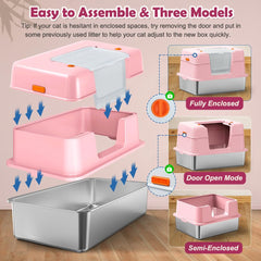 Vivifying enclosed cat litter box interior for privacy and containment.