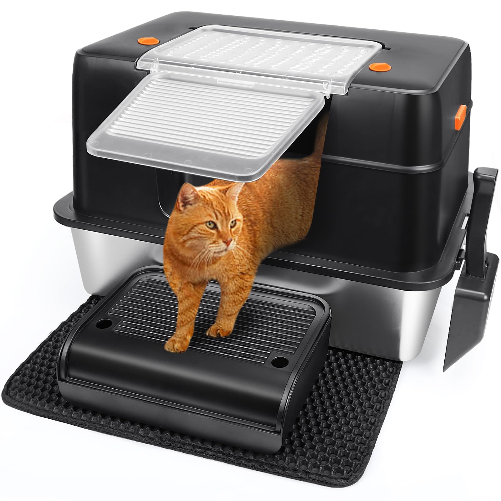 Vivifying XL side-entry litter box front view; spacious and secure for large cats.