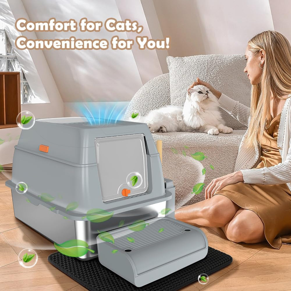 Footboard on Vivifying litter box assists kittens and seniors entering.