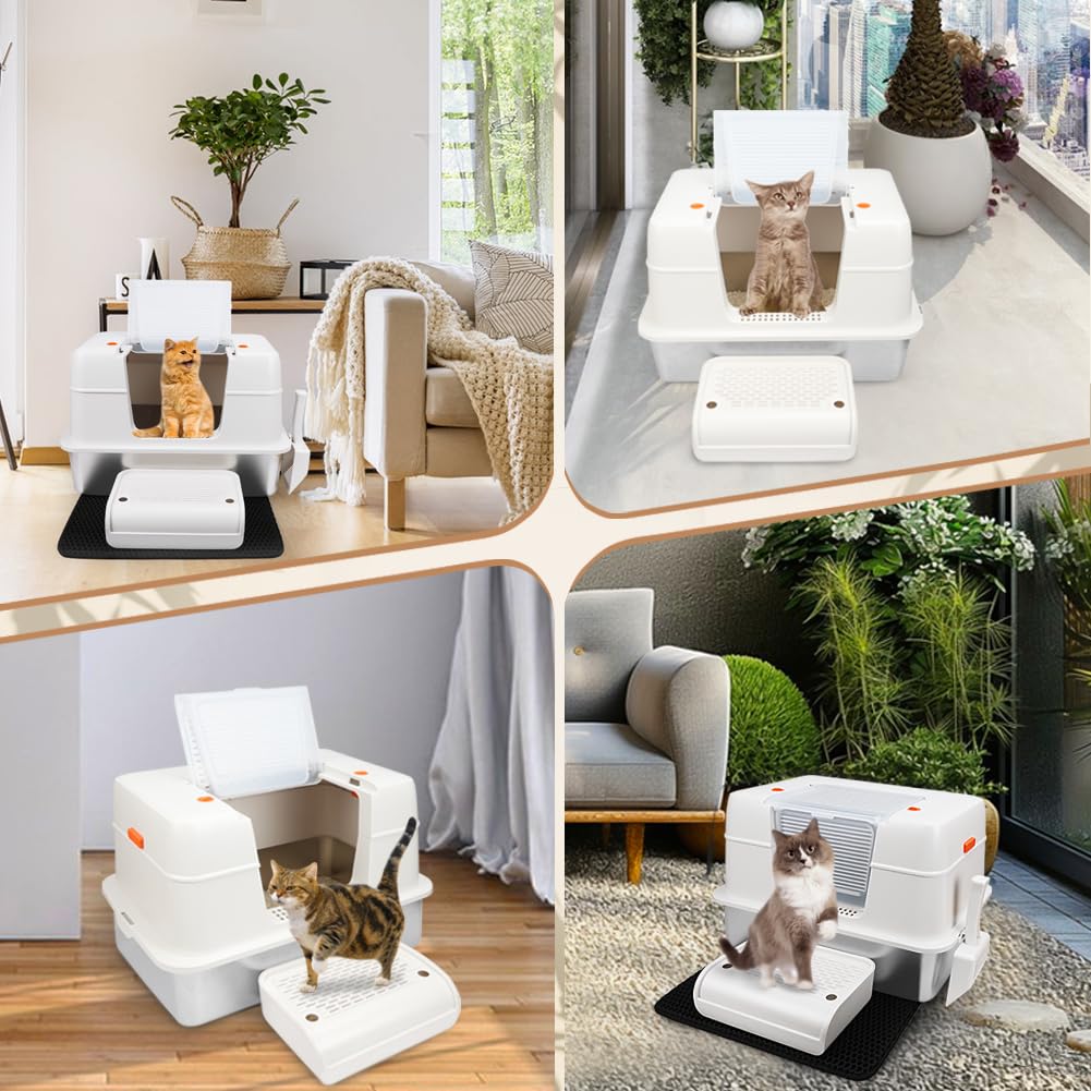 Vivifying scoop and mat shown with litter box for easy maintenance.