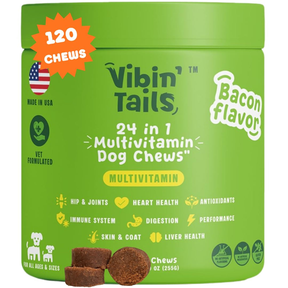 Vibin’ Tails 24-in-1 dog multivitamin bottle supports daily wellness