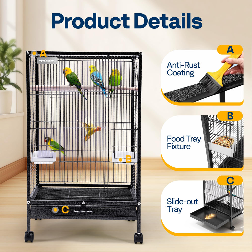 VIVOHOME drawer sandbox and mesh shelf enhance access to toys and perches.
