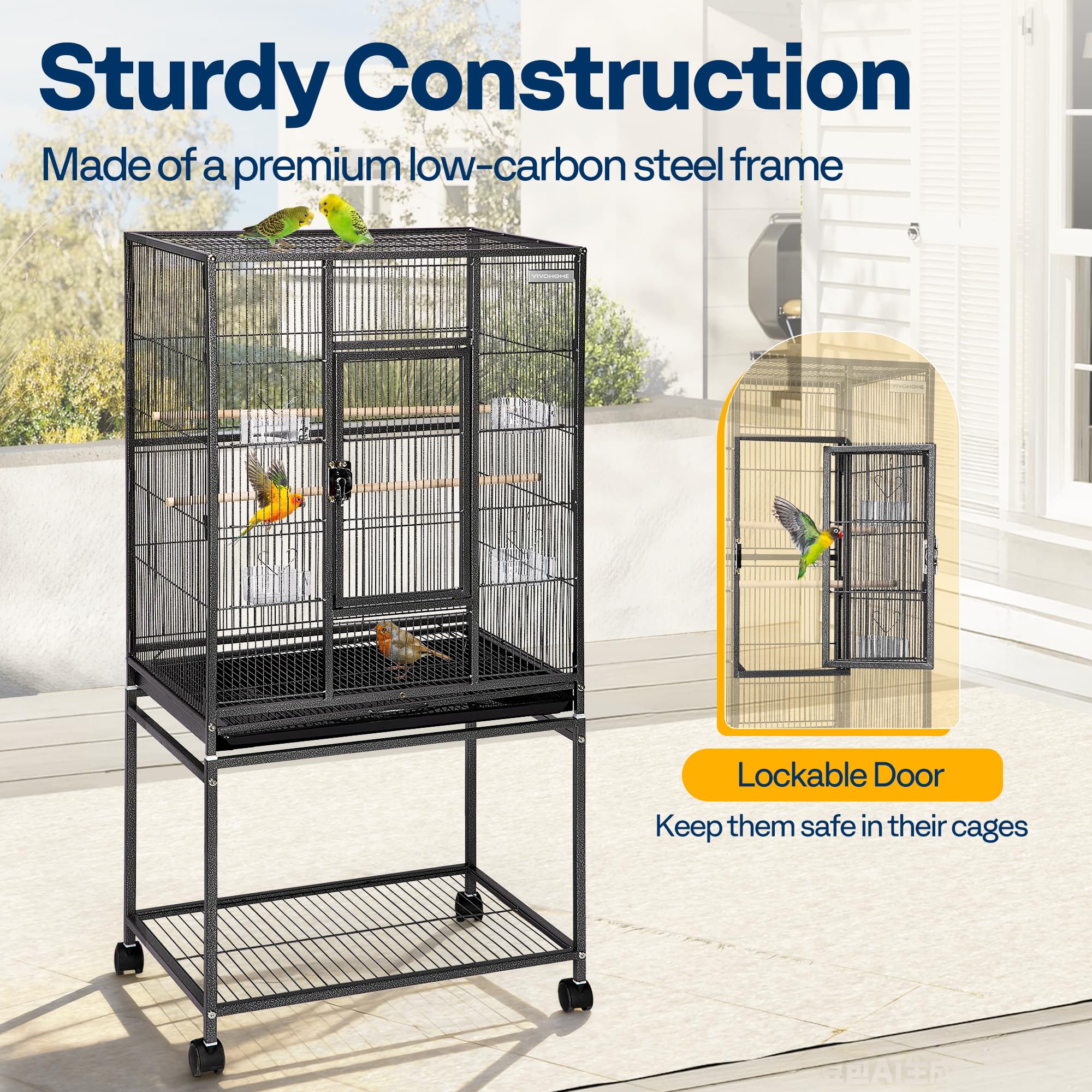 VIVOHOME plastic food boxes support varied bird diets inside cage.