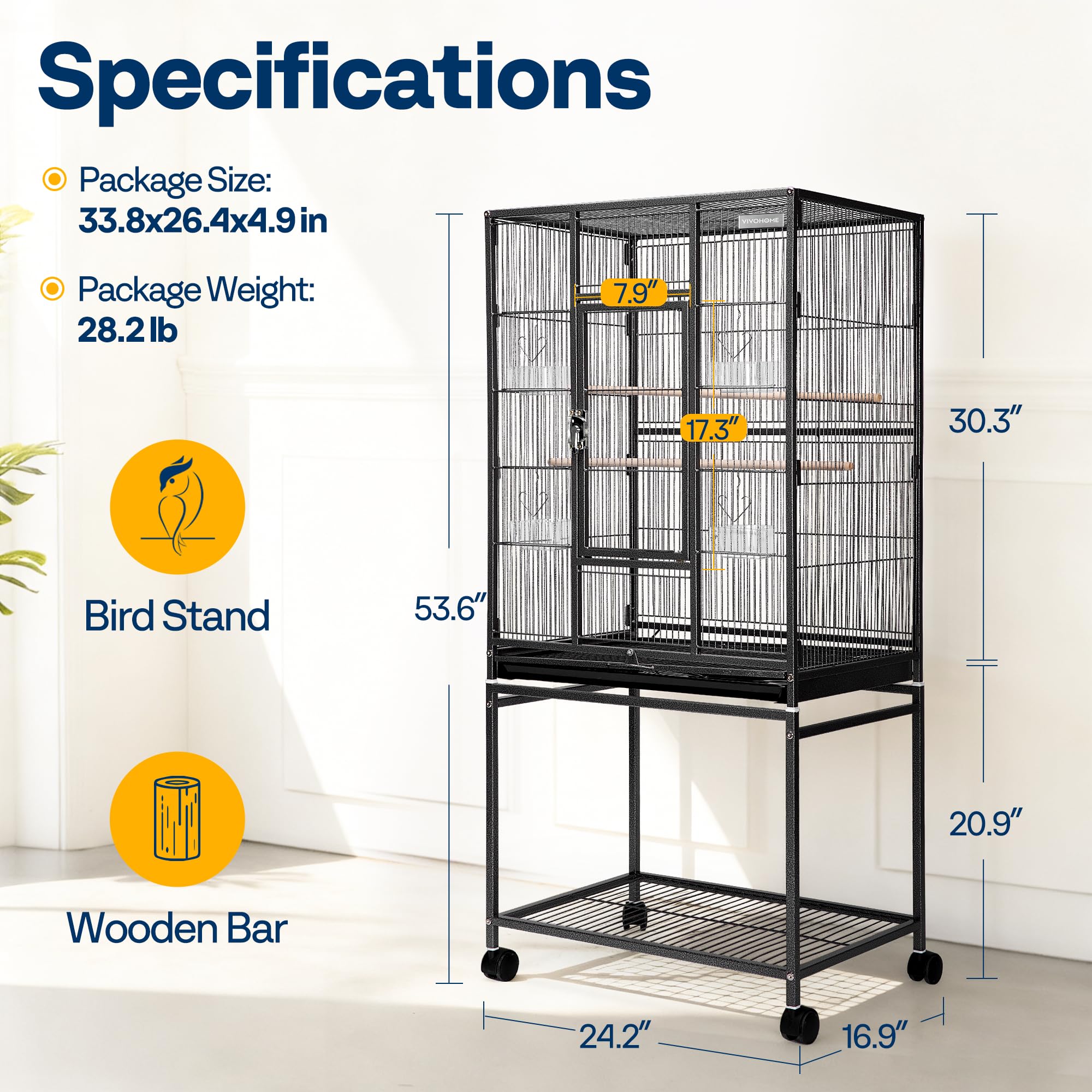 VIVOHOME cage with secure latch and casters for safety and mobility.