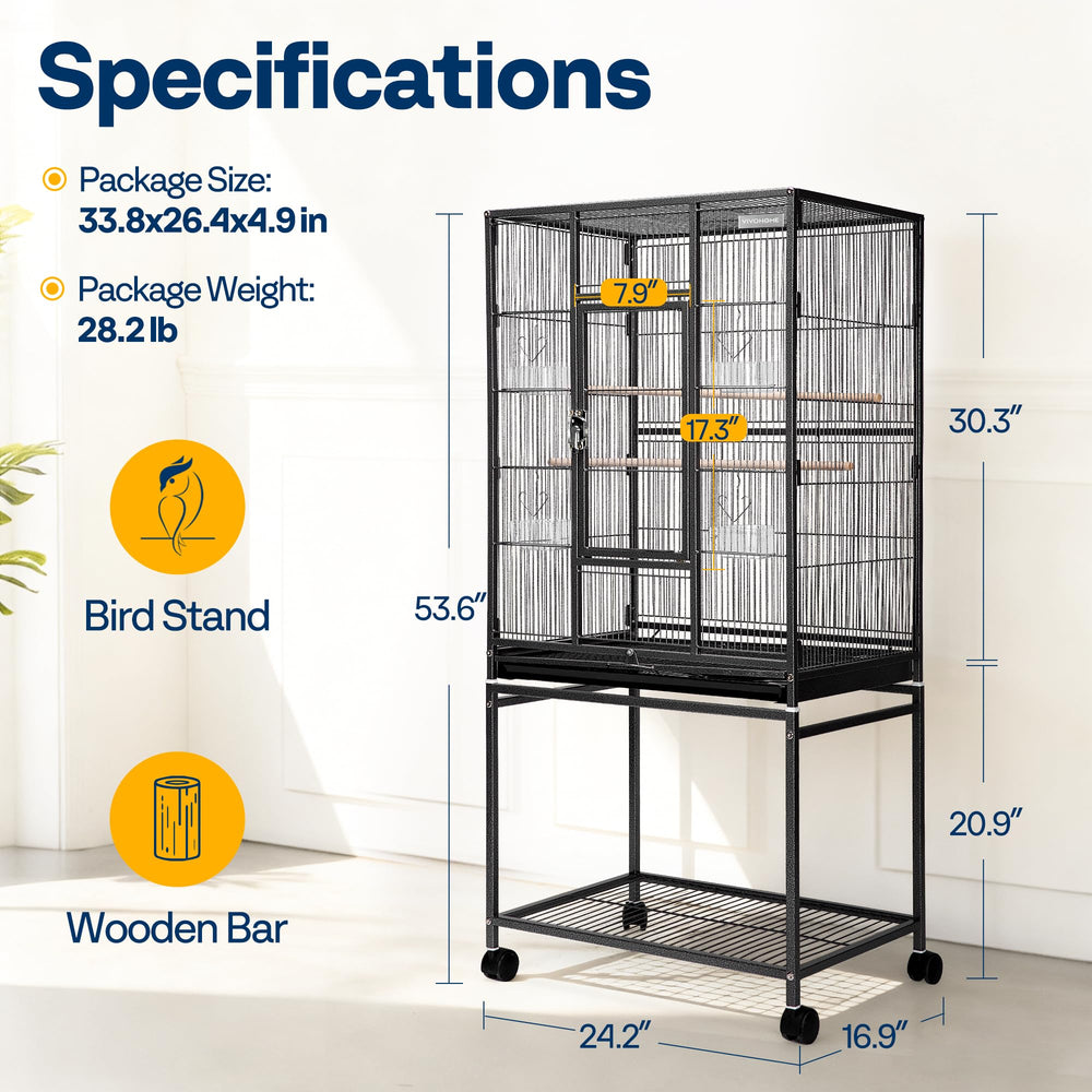 VIVOHOME cage with secure latch and casters for safety and mobility.