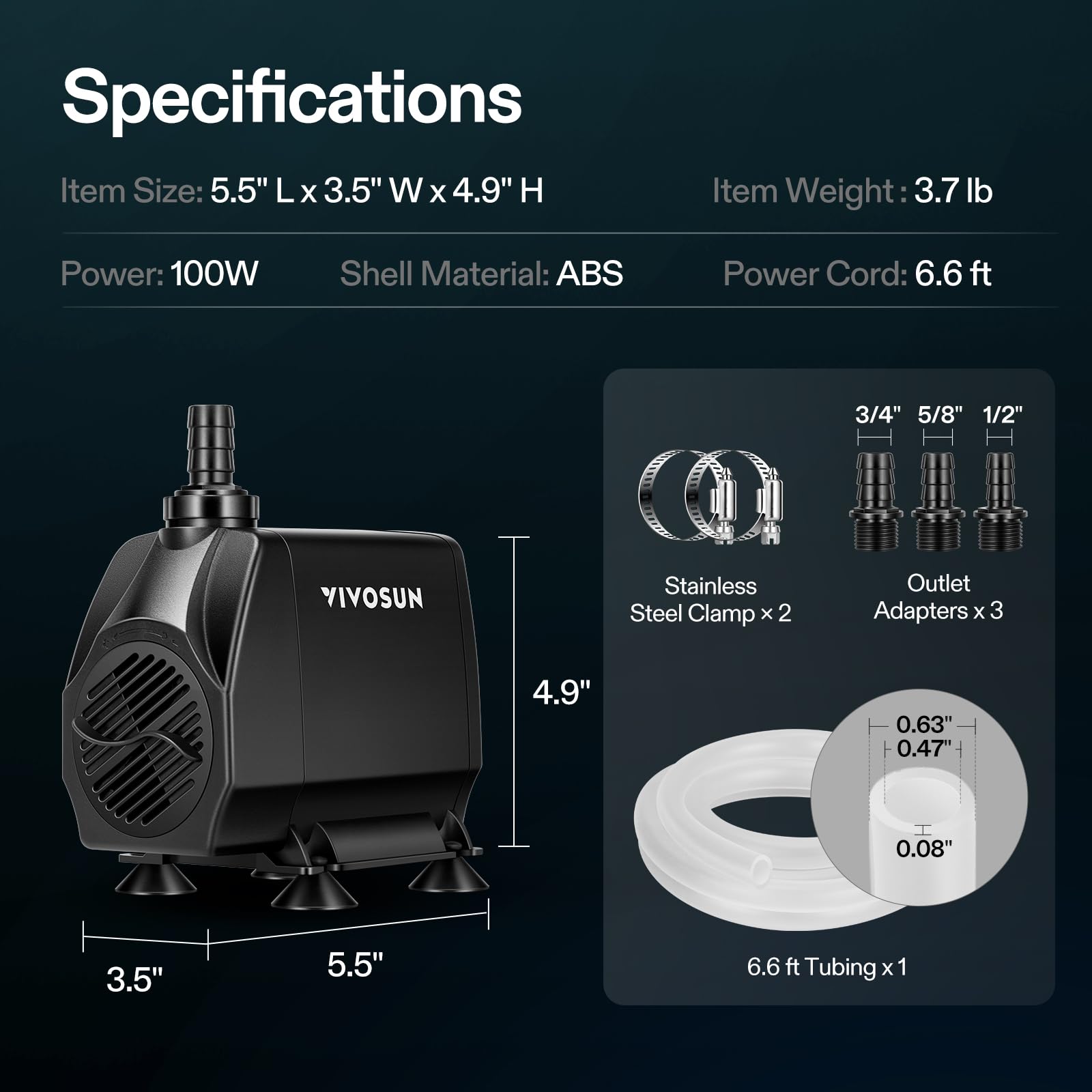 VIVOSUN 1050GPH submersible pump power cord extends for flexible installation