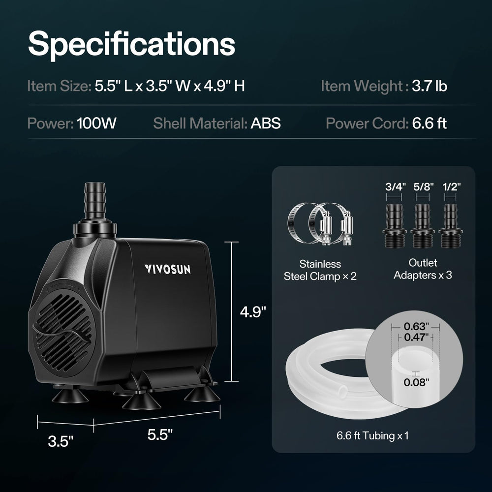 VIVOSUN 1050GPH submersible pump power cord extends for flexible installation