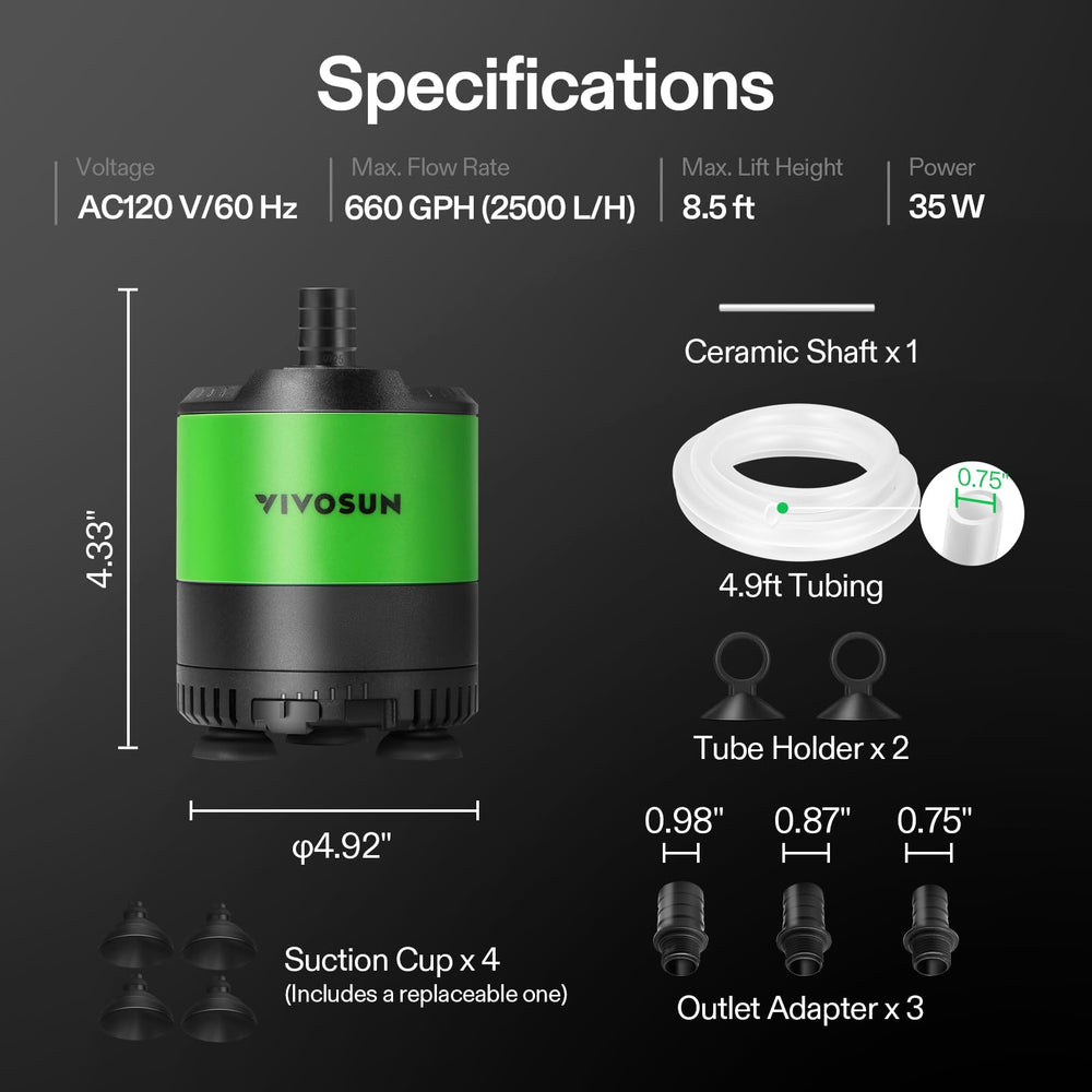 VIVOSUN 660GPH pump integrated into hydroponics system for steady flow.