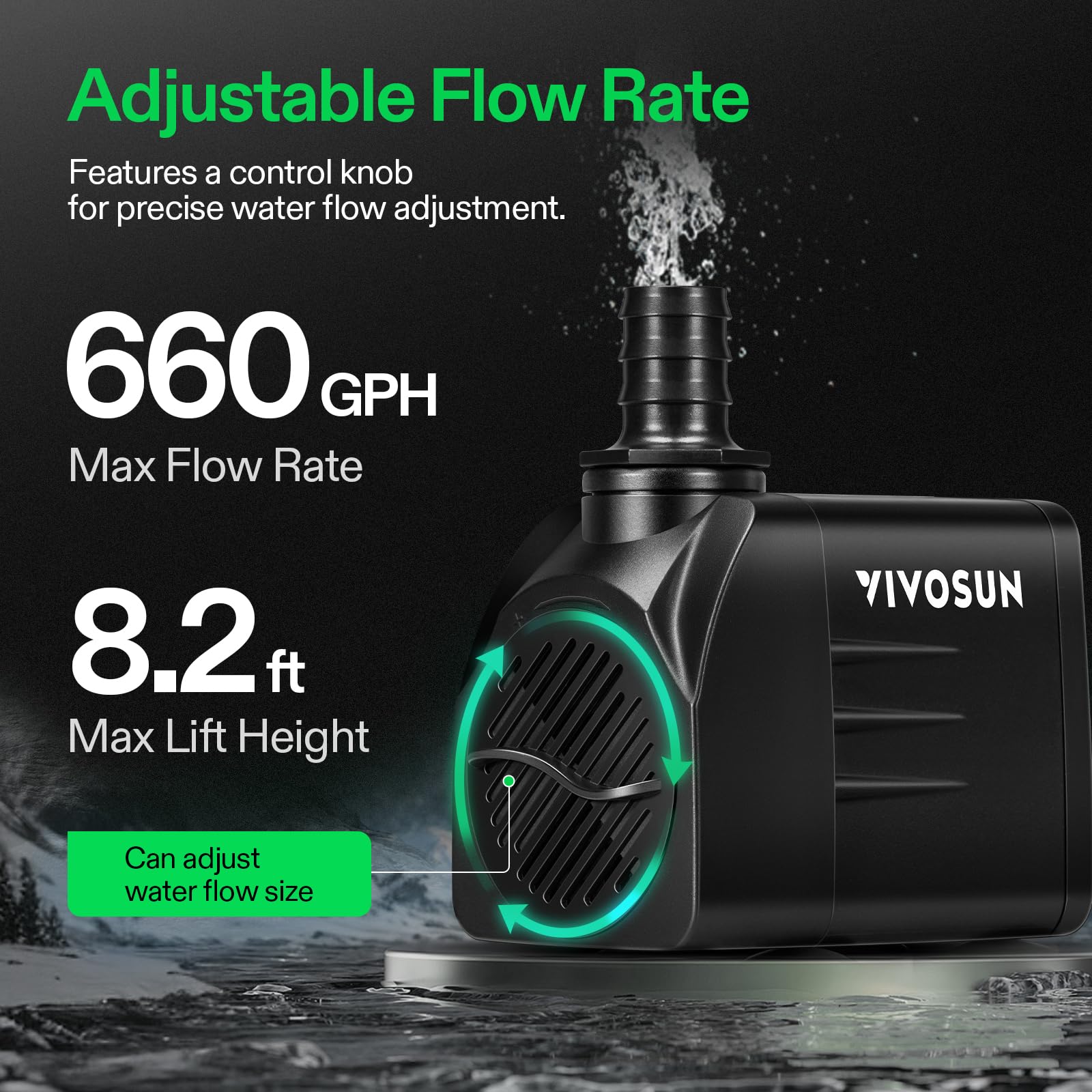 VIVOSUN submersible pump secured by four suction cups on a smooth surface.