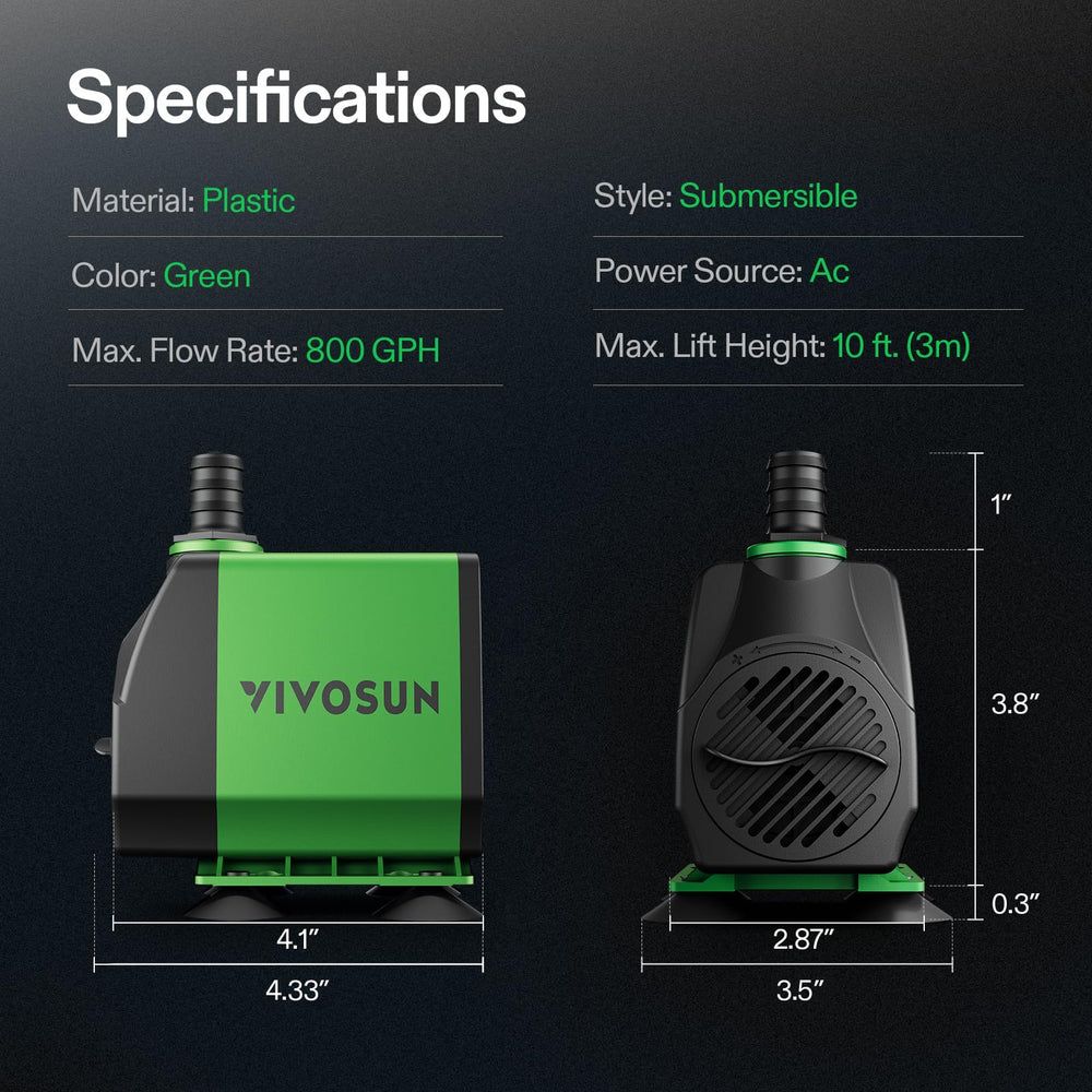 VIVOSUN 800GPH submersible pump, compact dimensions fit tight spaces