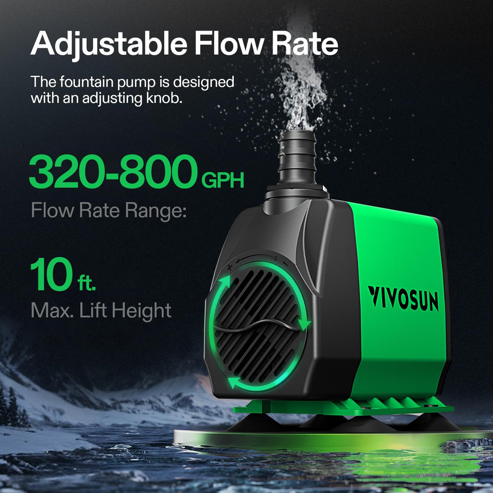 VIVOSUN 800GPH submersible pump, side view, easy placement on shelves or tanks