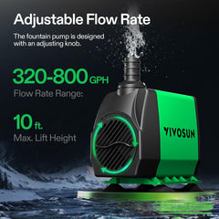 VIVOSUN 800GPH submersible pump, side view, easy placement on shelves or tanks