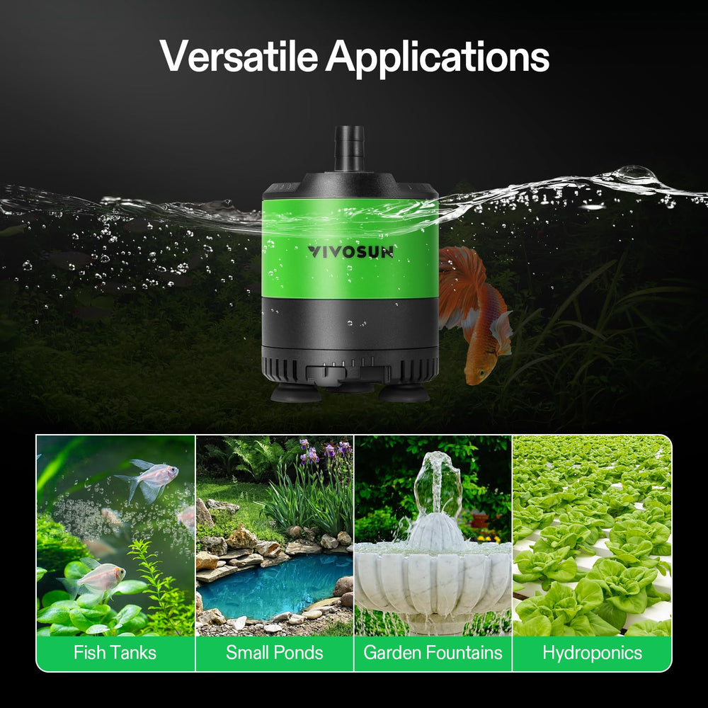 VIVOSUN 210GPH pump suited for fish tanks, fountains, and hydroponic setups.