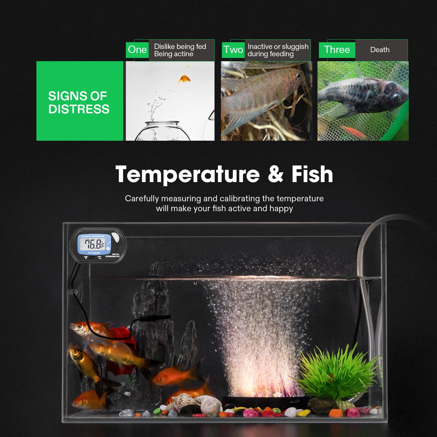 VIVOSUN thermometer with two suction cups for secure tank mounting.
