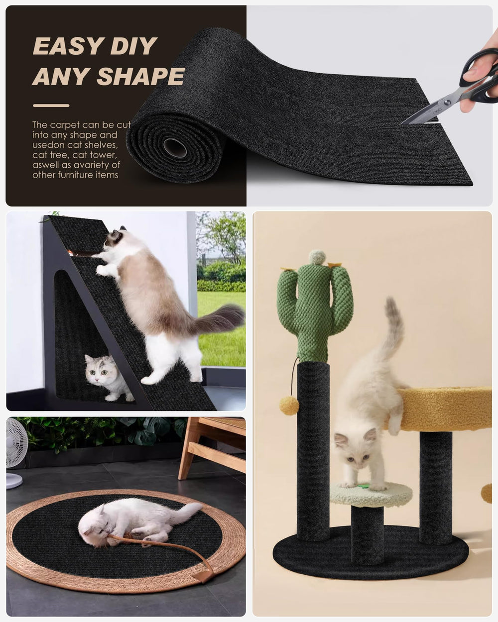 Trim-to-fit cat scratcher mat being cut to fit a cat tree