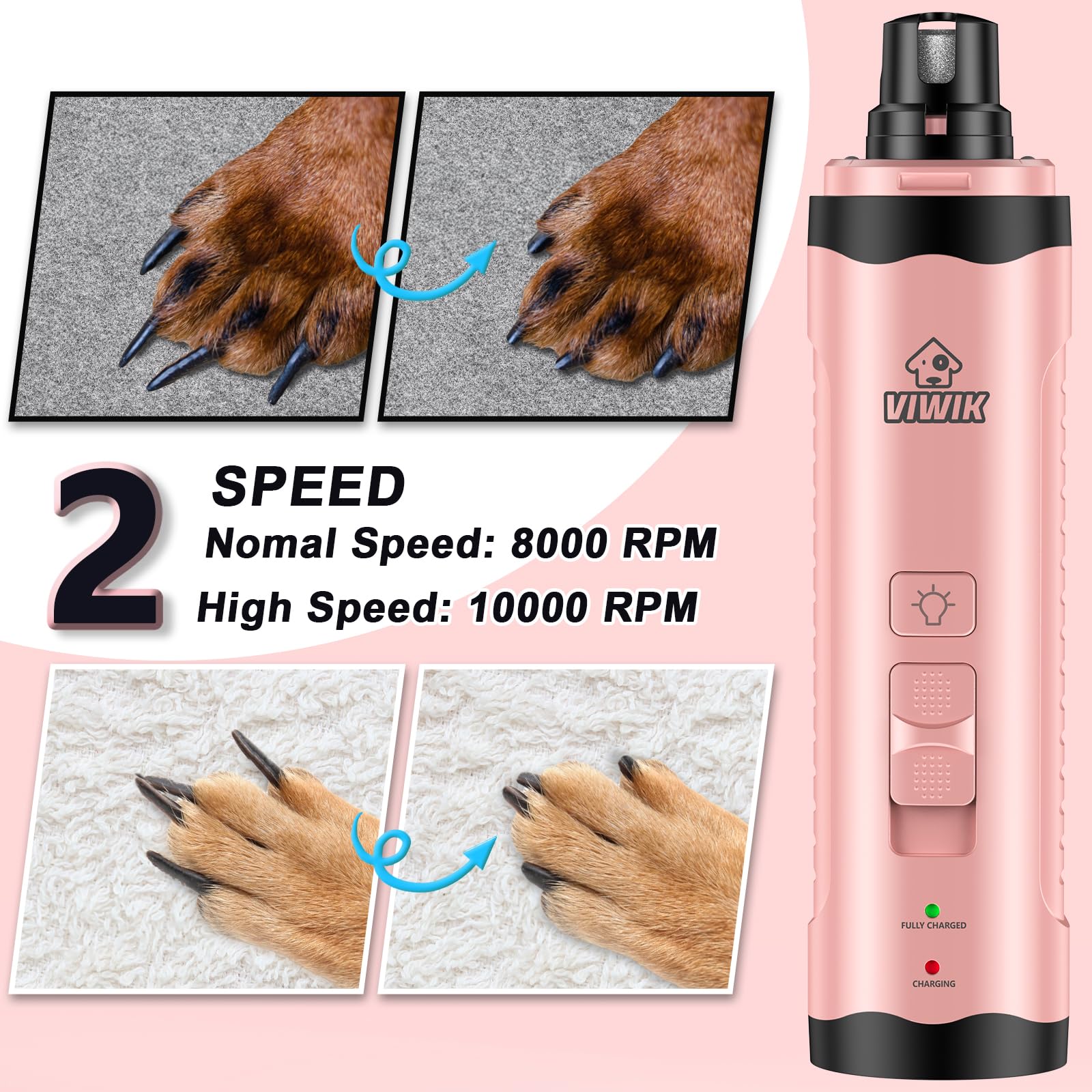 VIWIK dog nail grinder showing two speeds for different nails