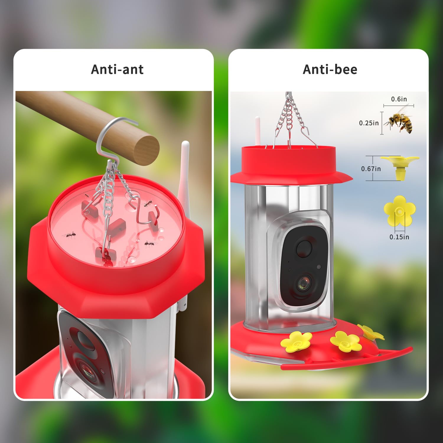 Built-in ant moat keeps nectar protected and accessible.