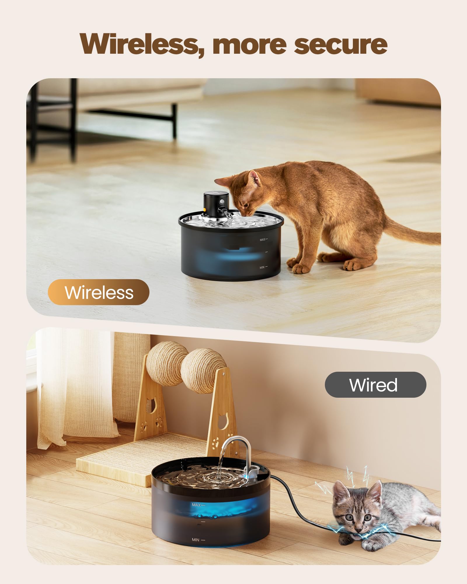 VKIMISS battery-powered cat fountain side view highlighting cordless placement