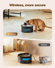 VKIMISS battery-powered cat fountain side view highlighting cordless placement