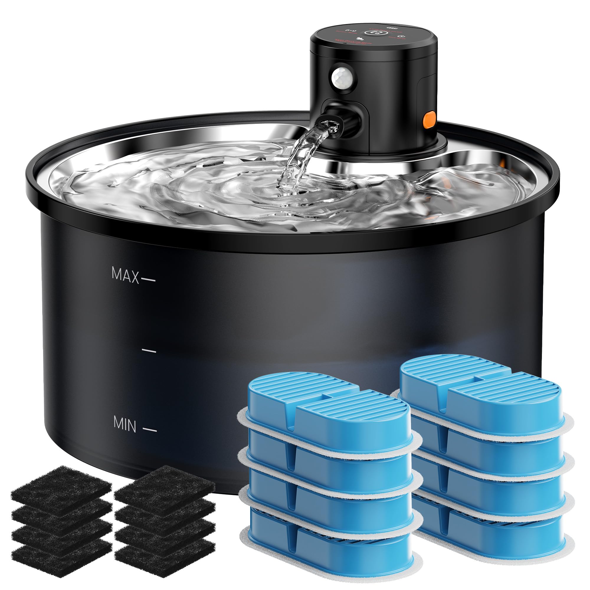 VKIMISS wireless cat fountain with stainless steel tray delivers hygienic drinking water.