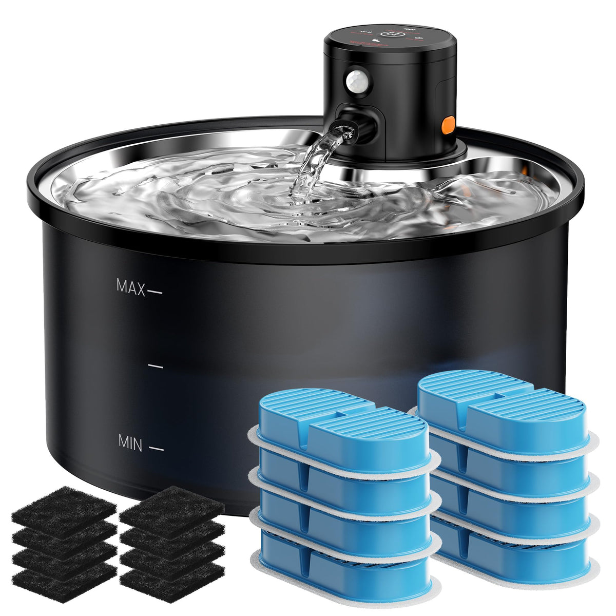 VKIMISS wireless cat fountain with stainless steel tray delivers hygienic drinking water.