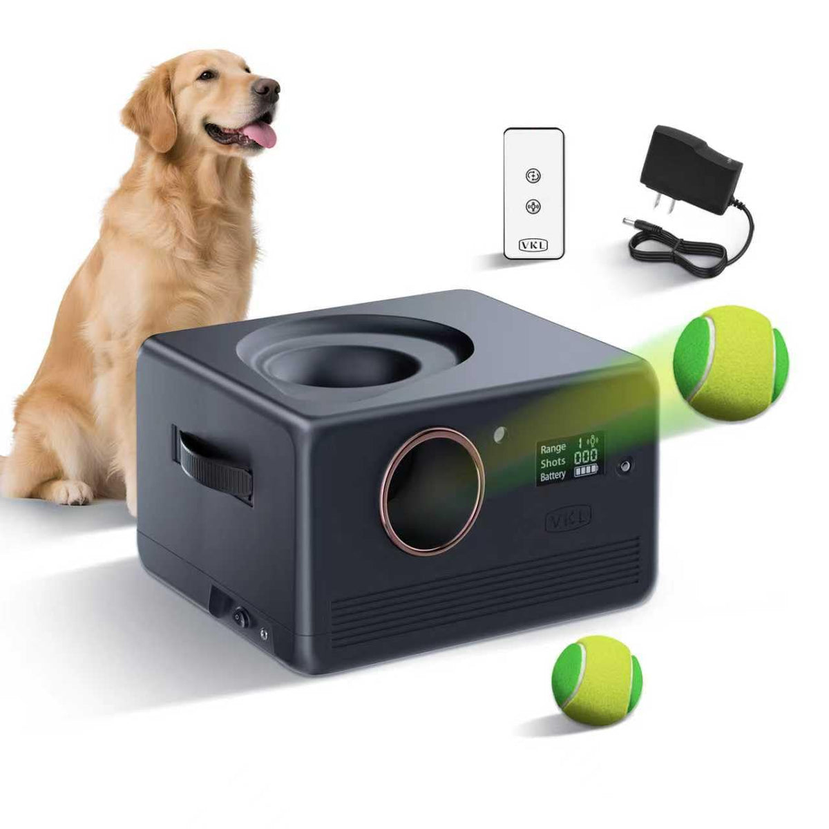 VKL Automatic Ball Launcher front view with remote control for backyard play