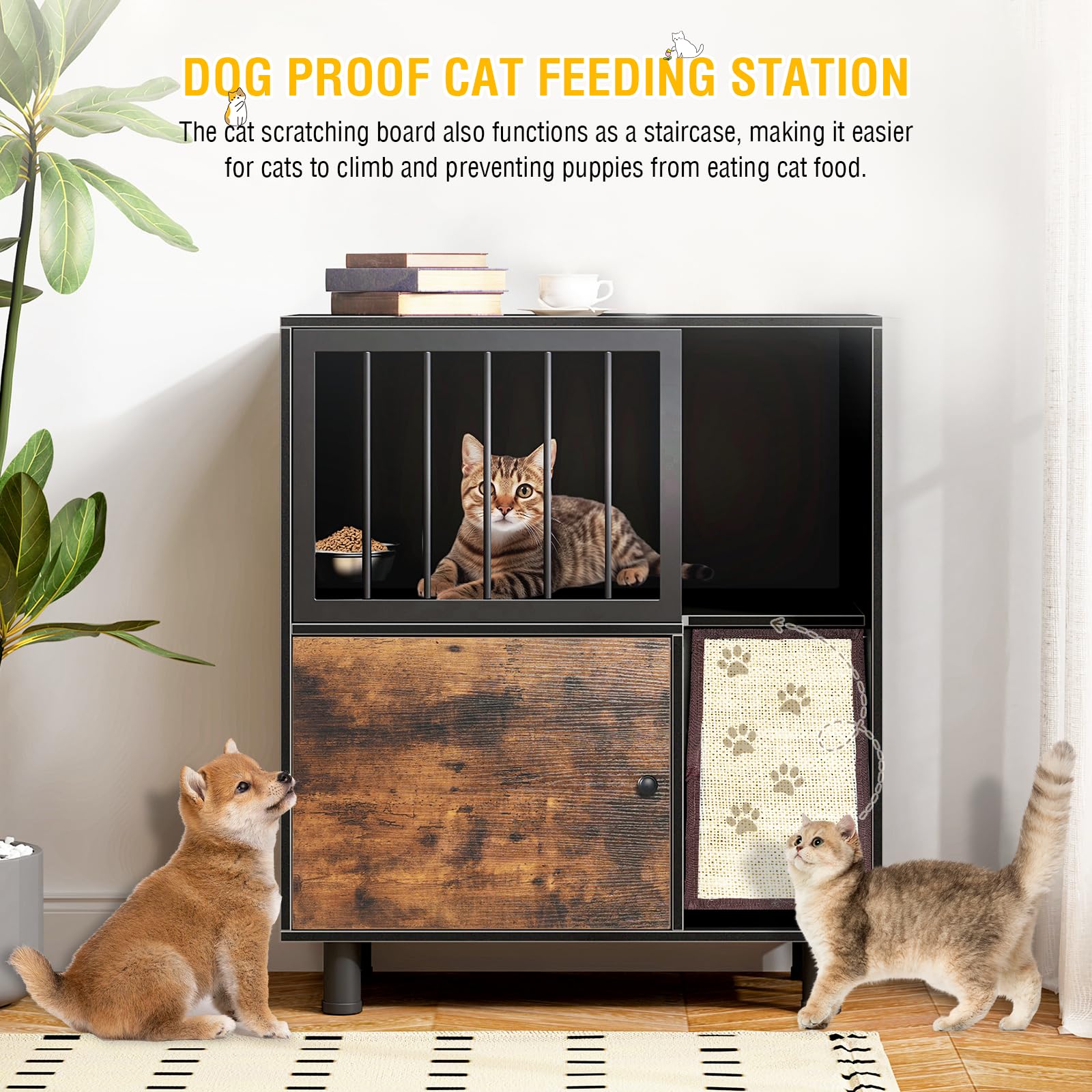 VKTO cat feeding station with scratching board and toy storage side angle.