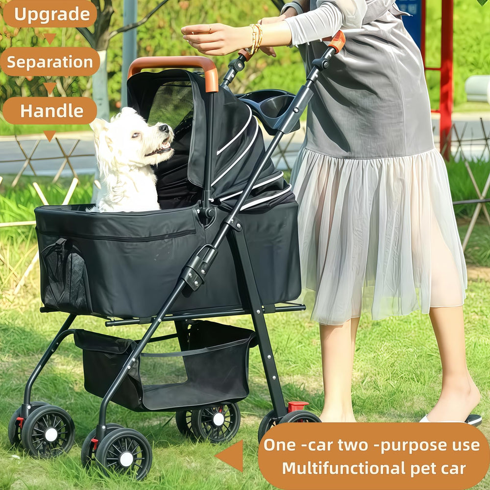 VOCRVSJY pet stroller side view showing spacious storage basket.
