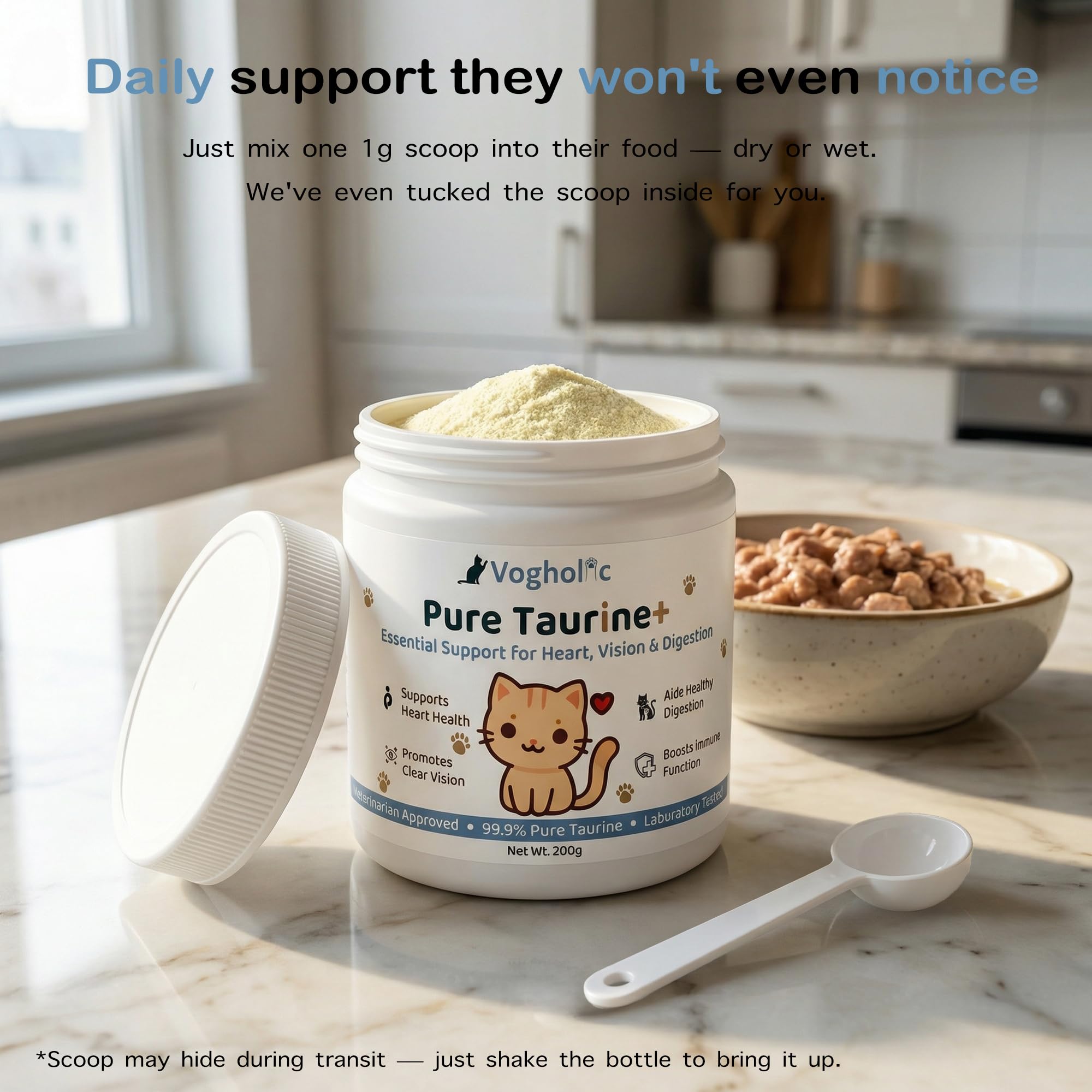 Vogholic Taurine Powder for Cats kitten-fed option supports early life nutrition.