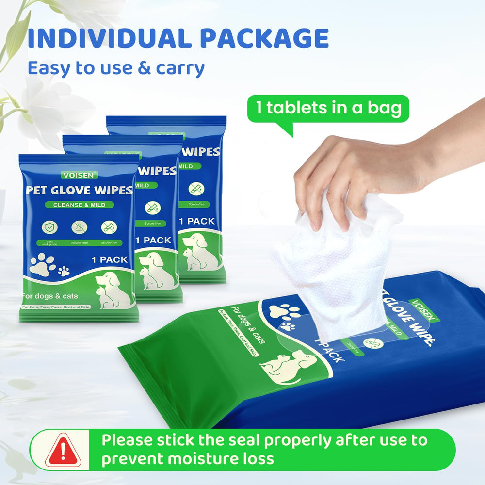 VOISEN Pet Glove Wipes used for delicate areas with gentle cleaning around eyes and ears.