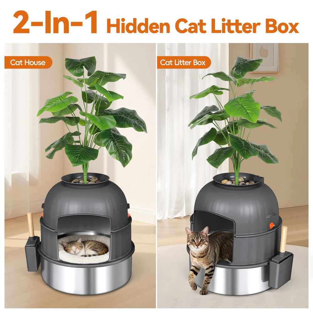 Vokolesd hidden litter box with faux plant and scoop keeps litter hidden and accessible