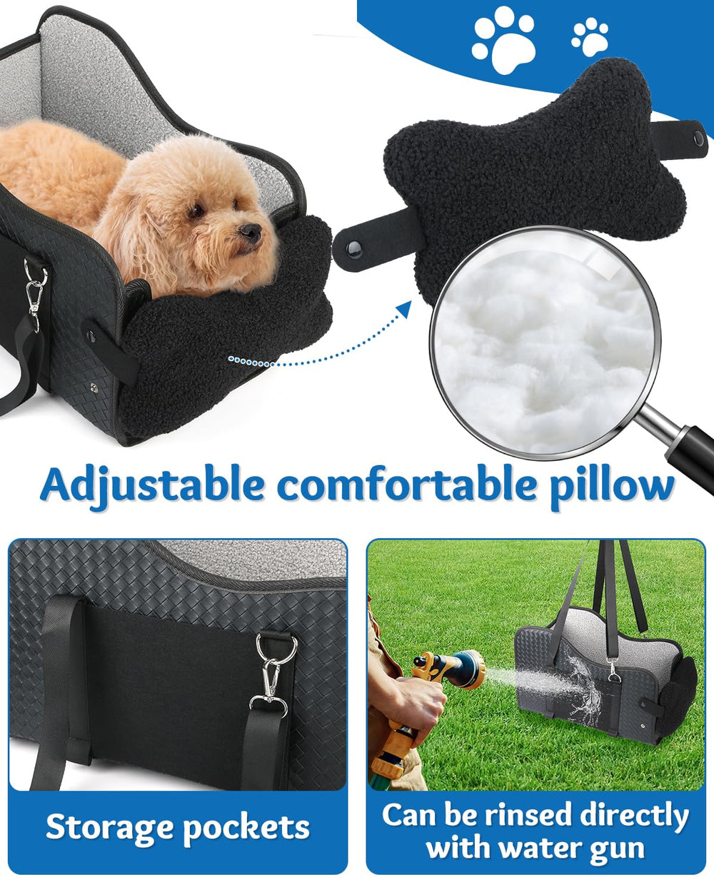 Vokvaktak center-console dog seat safety strap secures harness for travel.