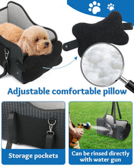 Vokvaktak center-console dog seat safety strap secures harness for travel.