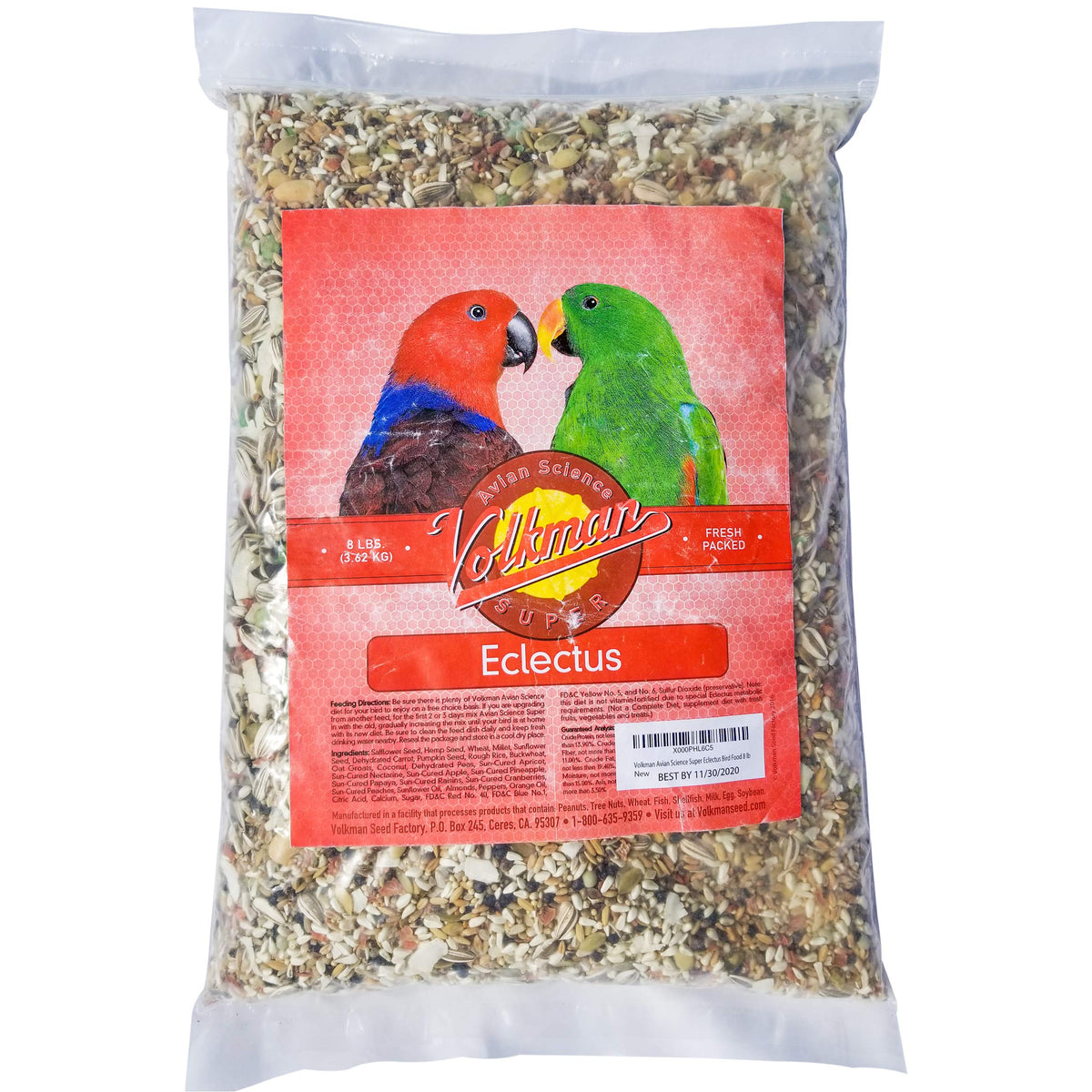 Volkman Avian Science Eclectus food bag showing low-dust, clean ingredients for a calm feeding setup
