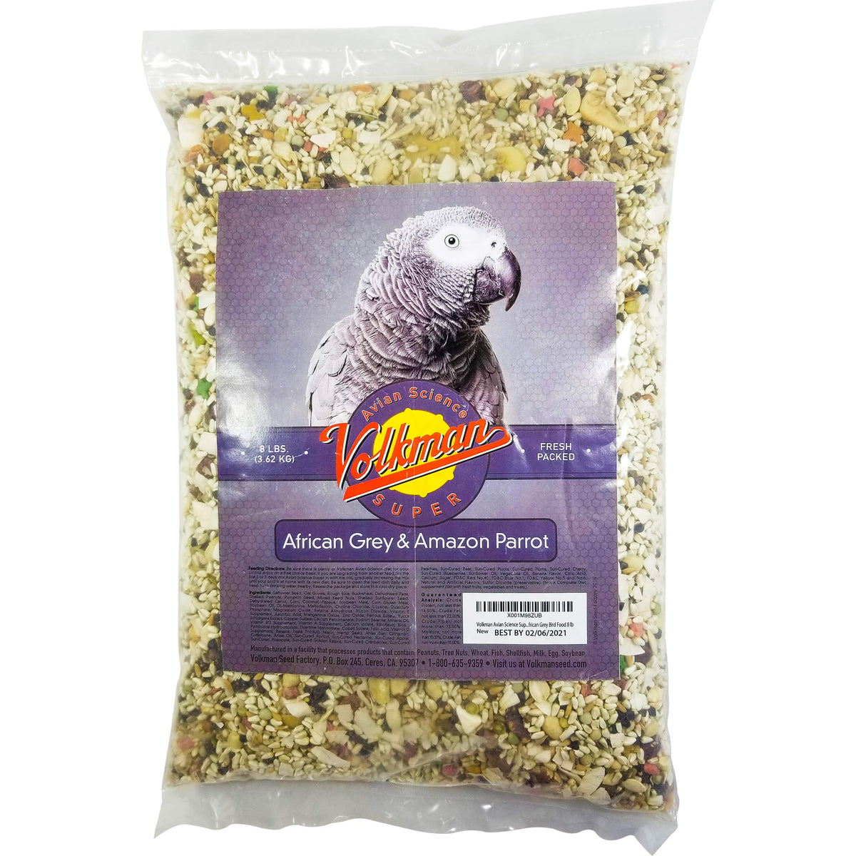 Volkman Avian Science Super African Grey Bird Food bag showing varied seeds for balanced nutrition