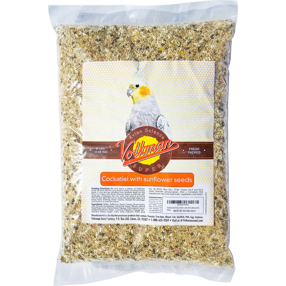Volkman Seed Avian Science cockatiel sunflower bowl showing textures and foraging appeal