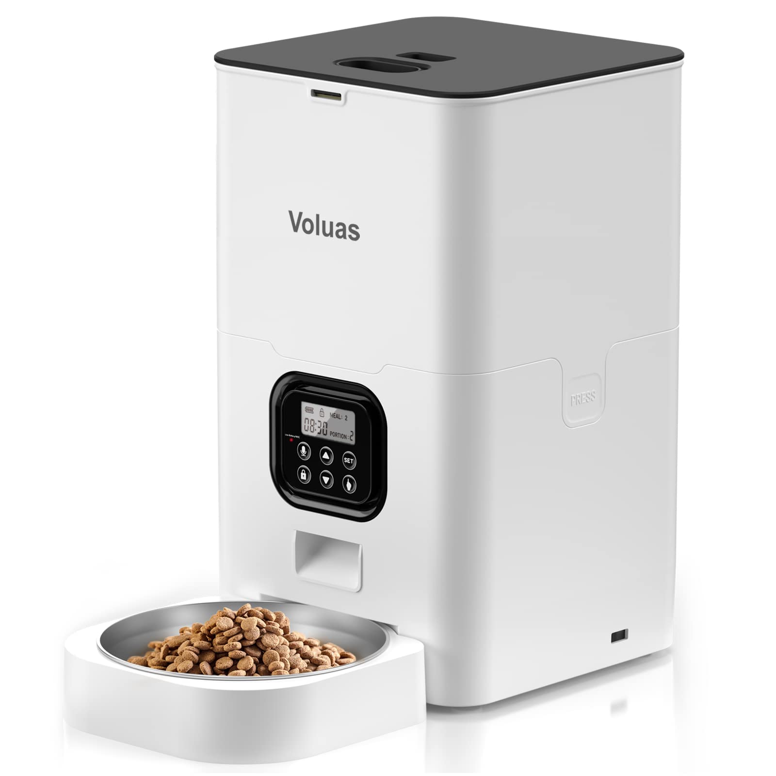 Voluas automatic cat feeder front view with 6L storage for ready meals.