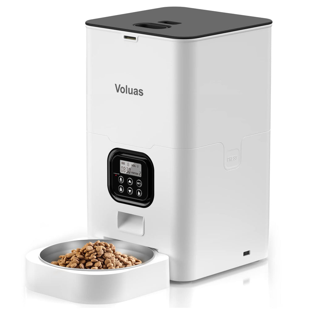Voluas automatic cat feeder front view with 6L storage for ready meals.