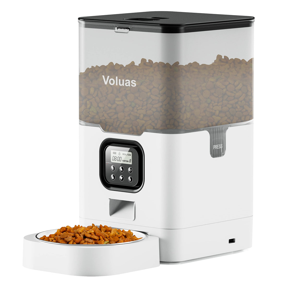 VOLUAS automatic cat feeder front view, compact and space-saving for homes.