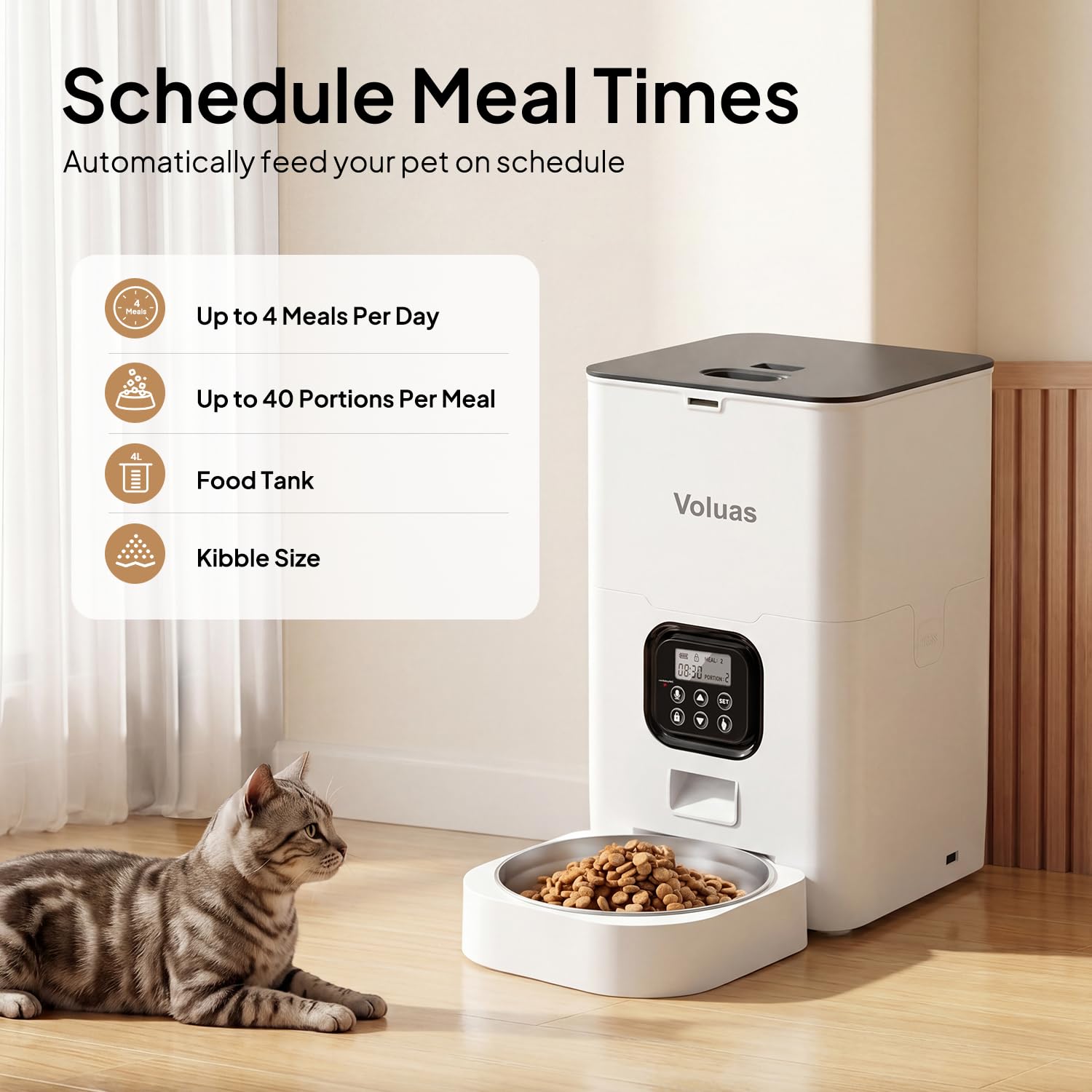 Voluas cat feeder side view highlighting compact footprint for home use.
