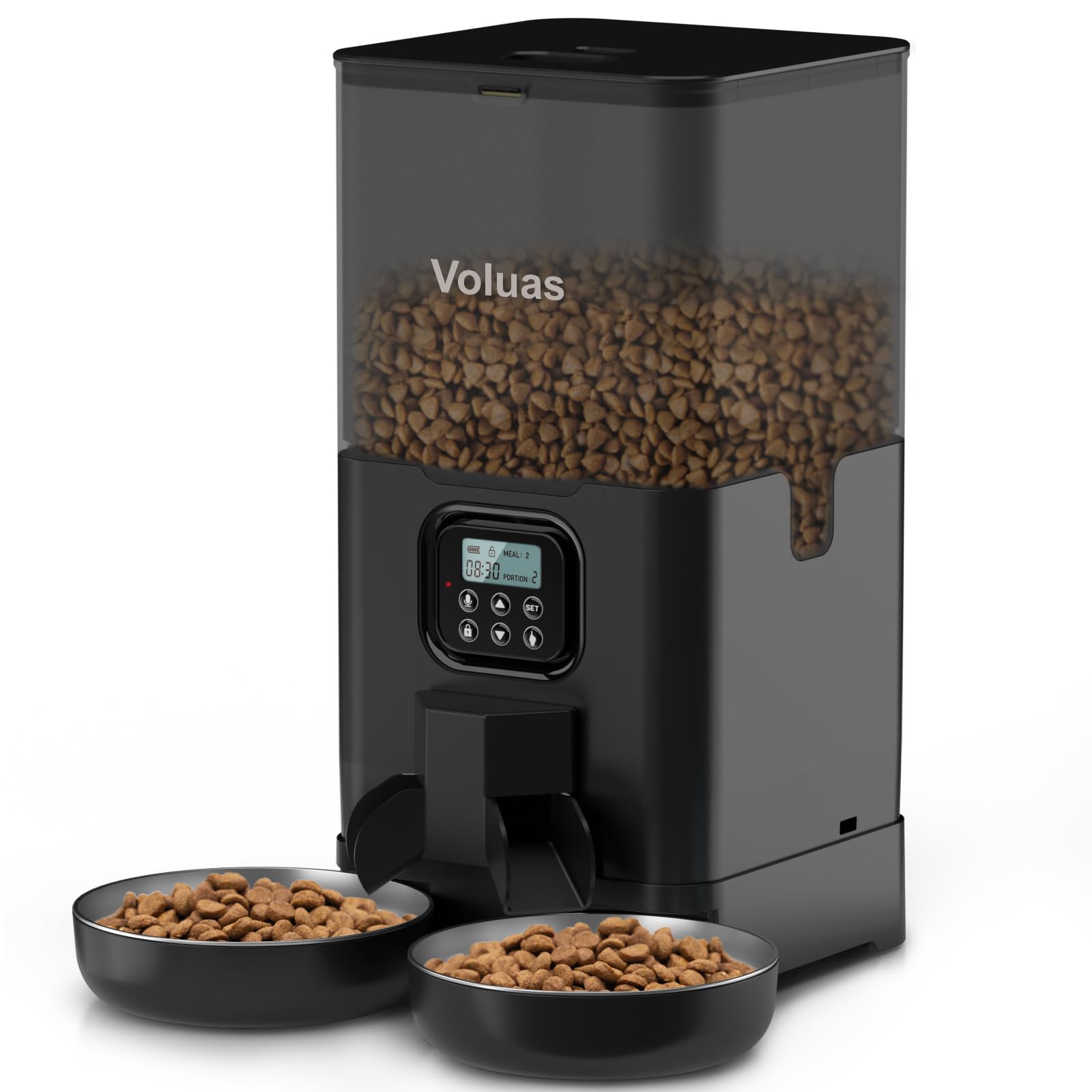 Voluas automatic cat feeder with two bowls delivers synchronized meals for two cats.