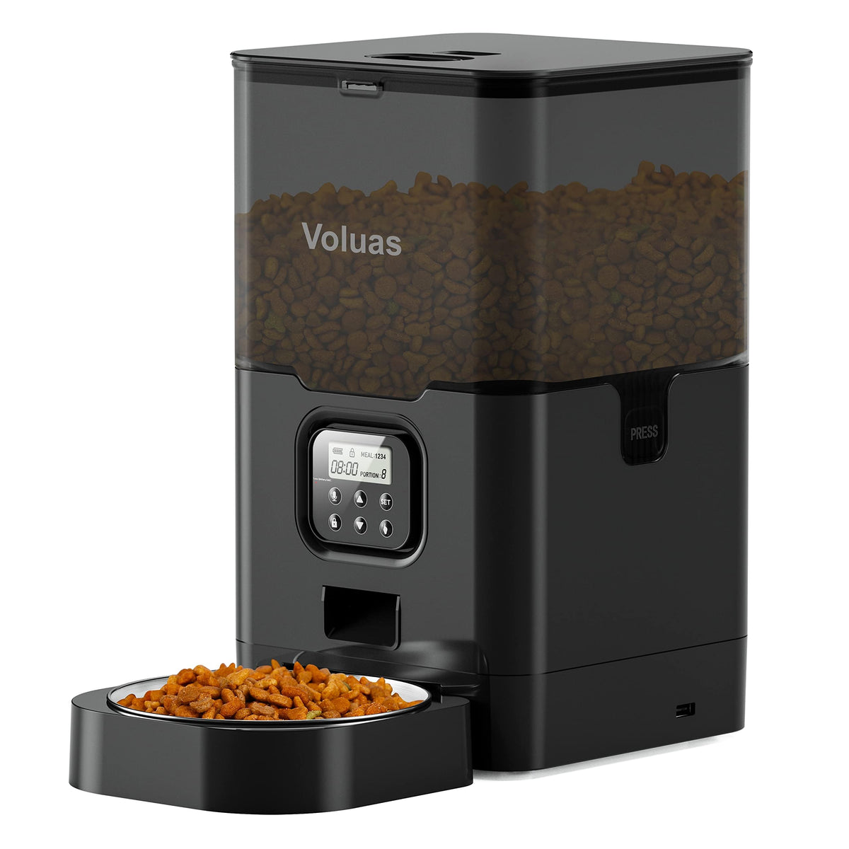 Voluas cat dispenser with timer, front view for scheduled meals.