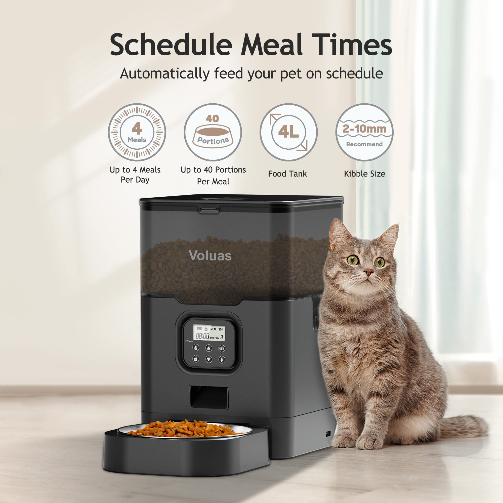 Voluas cat feeder timer dispenser for precise portions during daily routines.