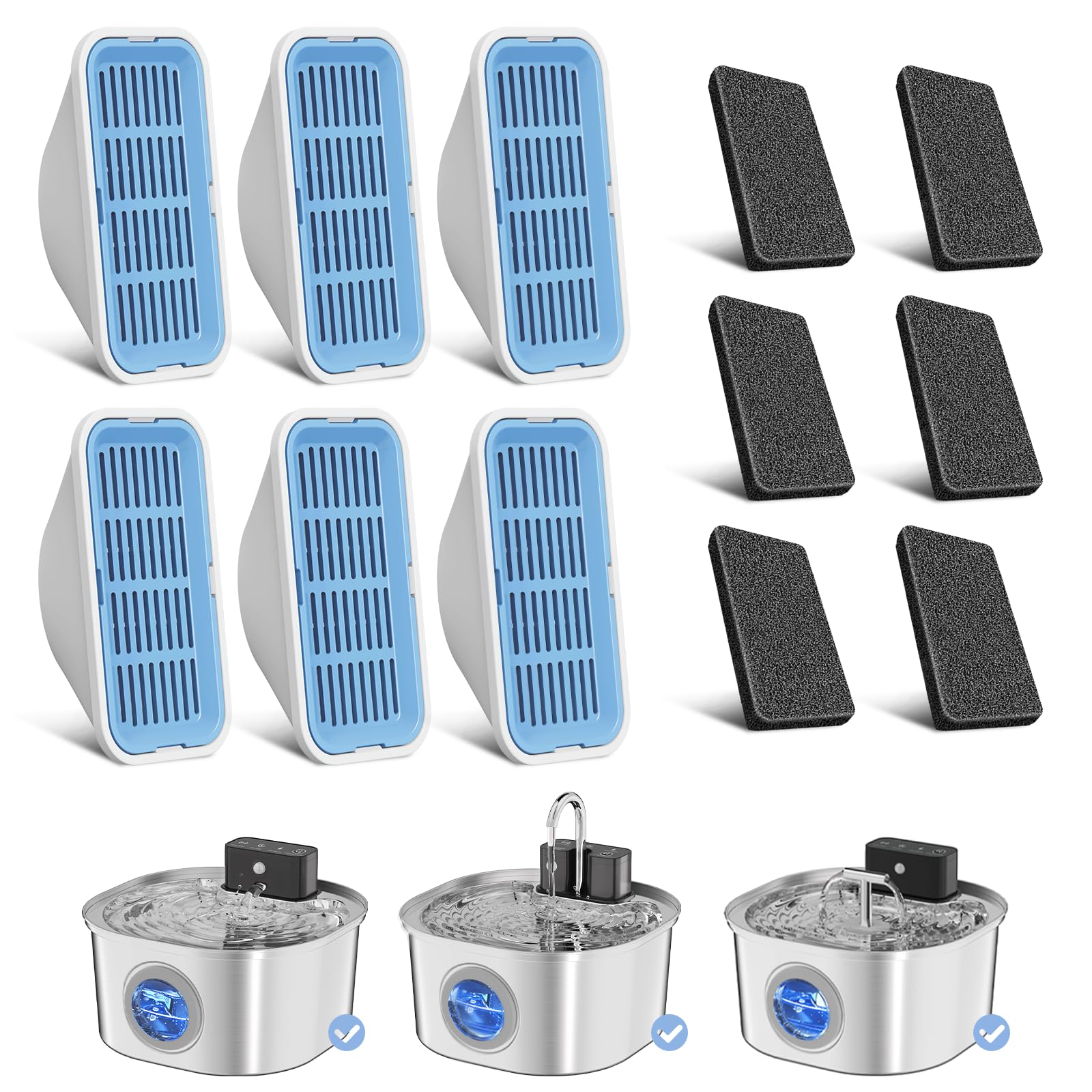 Voluas cat water fountain filter assembly shows multi-layer filtration for clean hydration