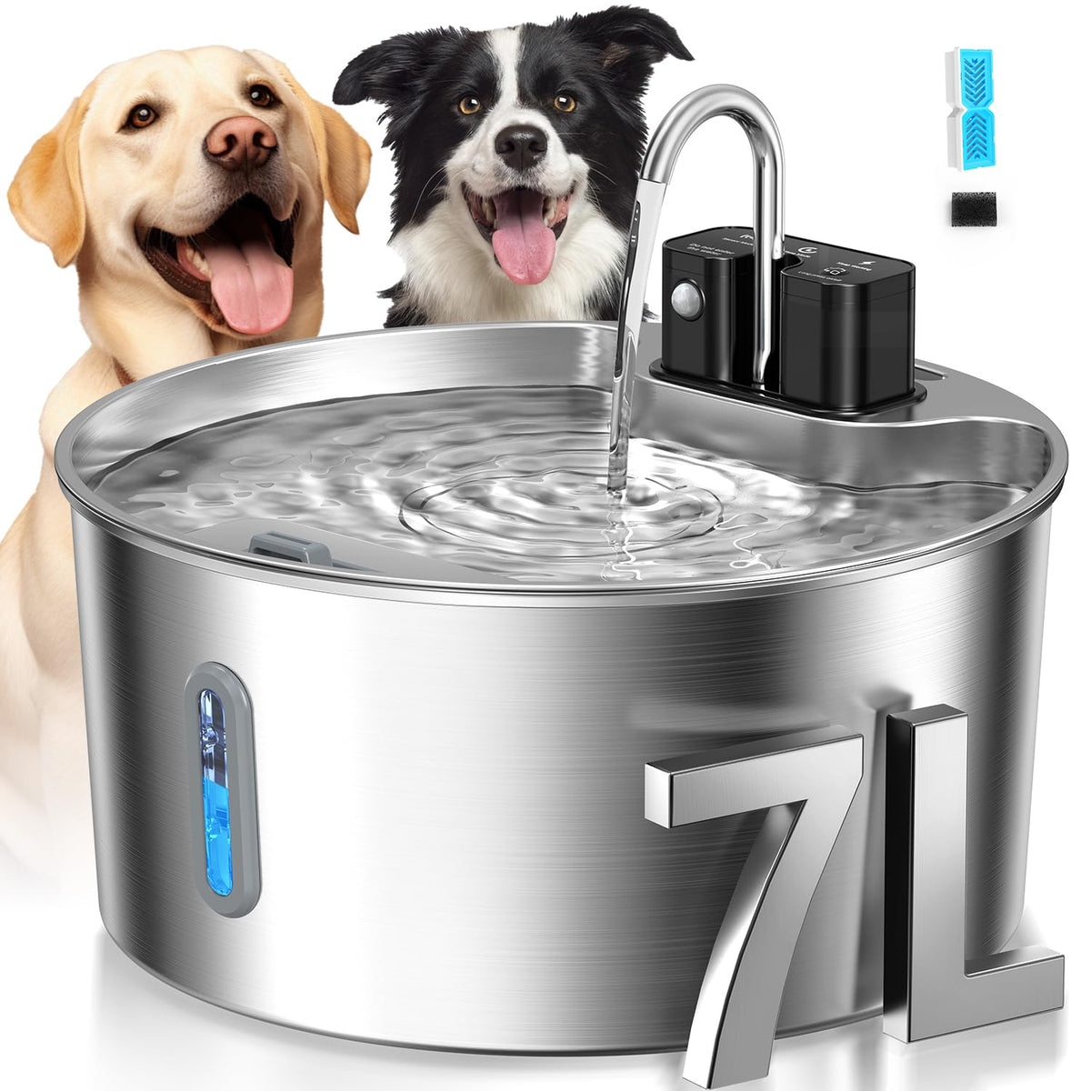Voluas dog water fountain front view with steady hydration in stainless steel
