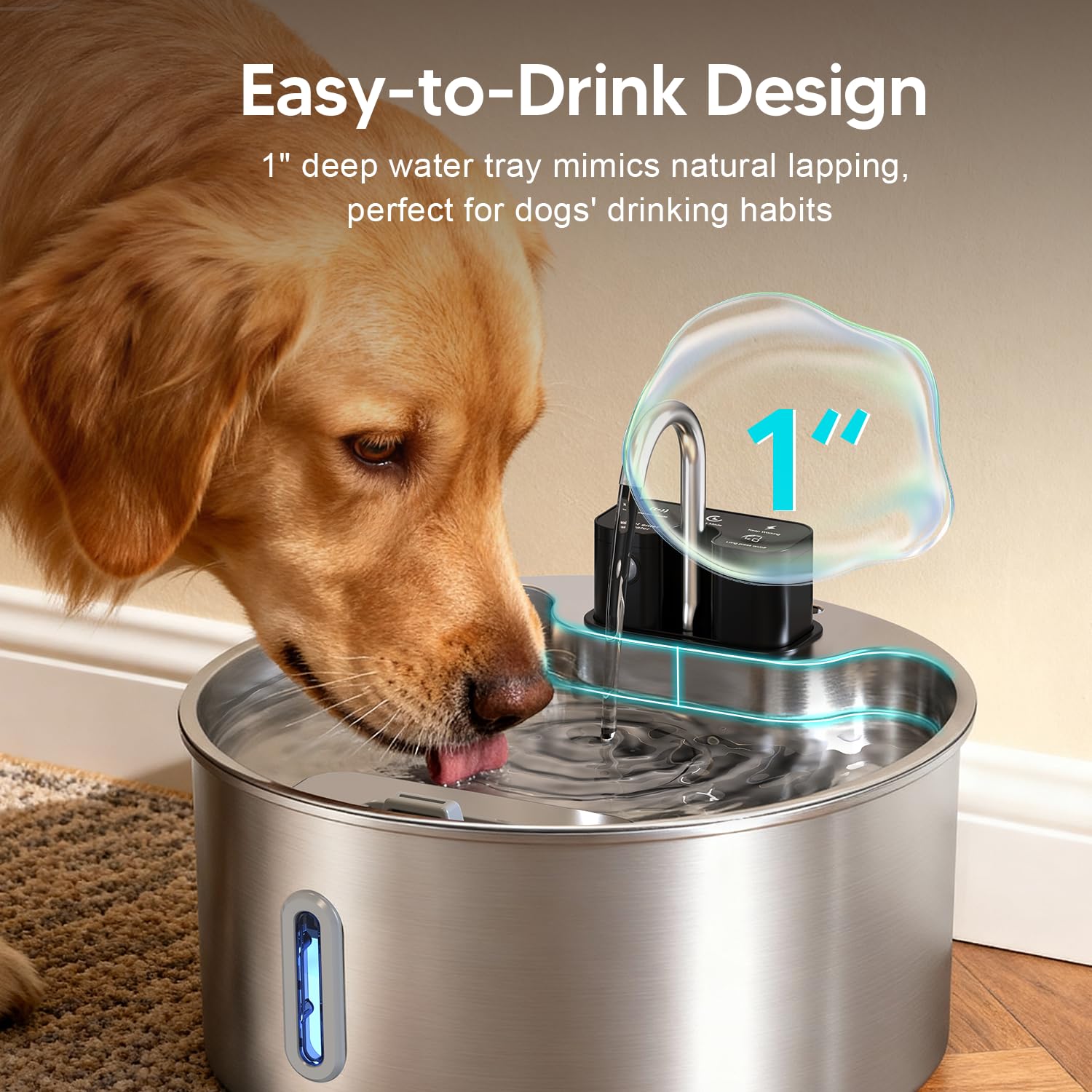 Voluas dog water fountain side profile for flexible cordless placement