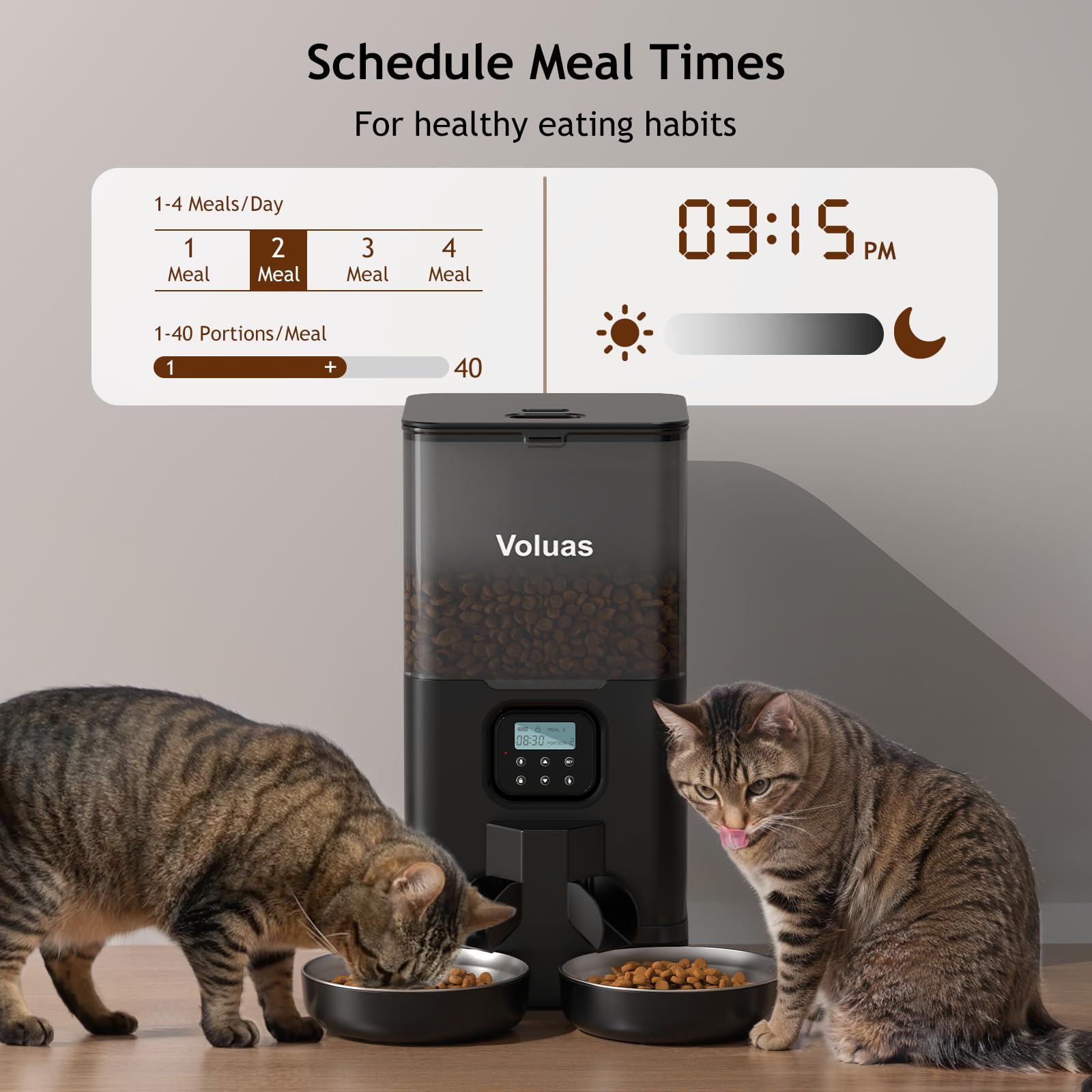 Voluas double feeder with meal divider supports equal portions for two pets.