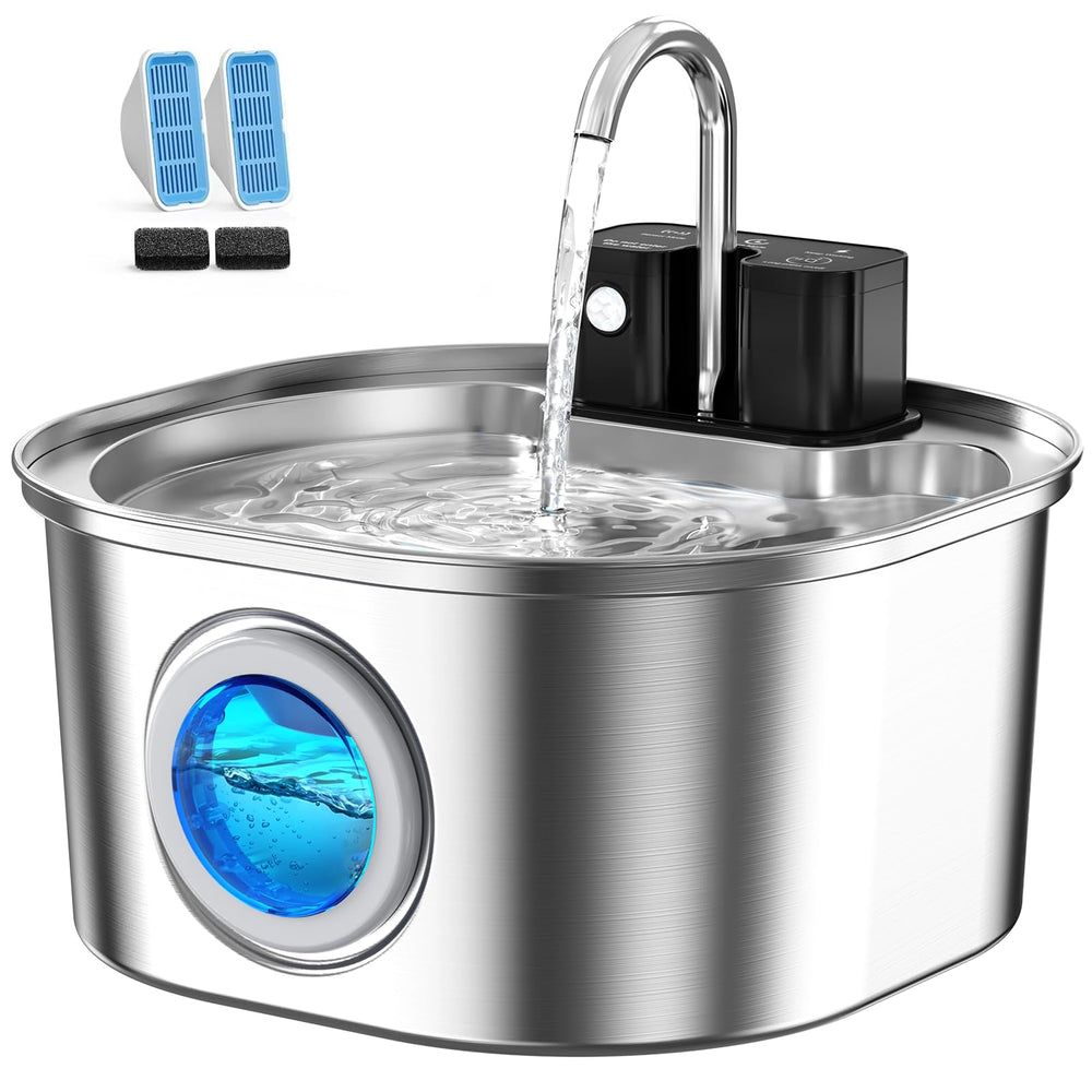 Voluas stainless steel cat water fountain front view showing durable design for indoor use