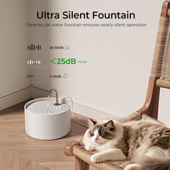 Voluas water fountain showing faucet and bubbling modes to entice cats.