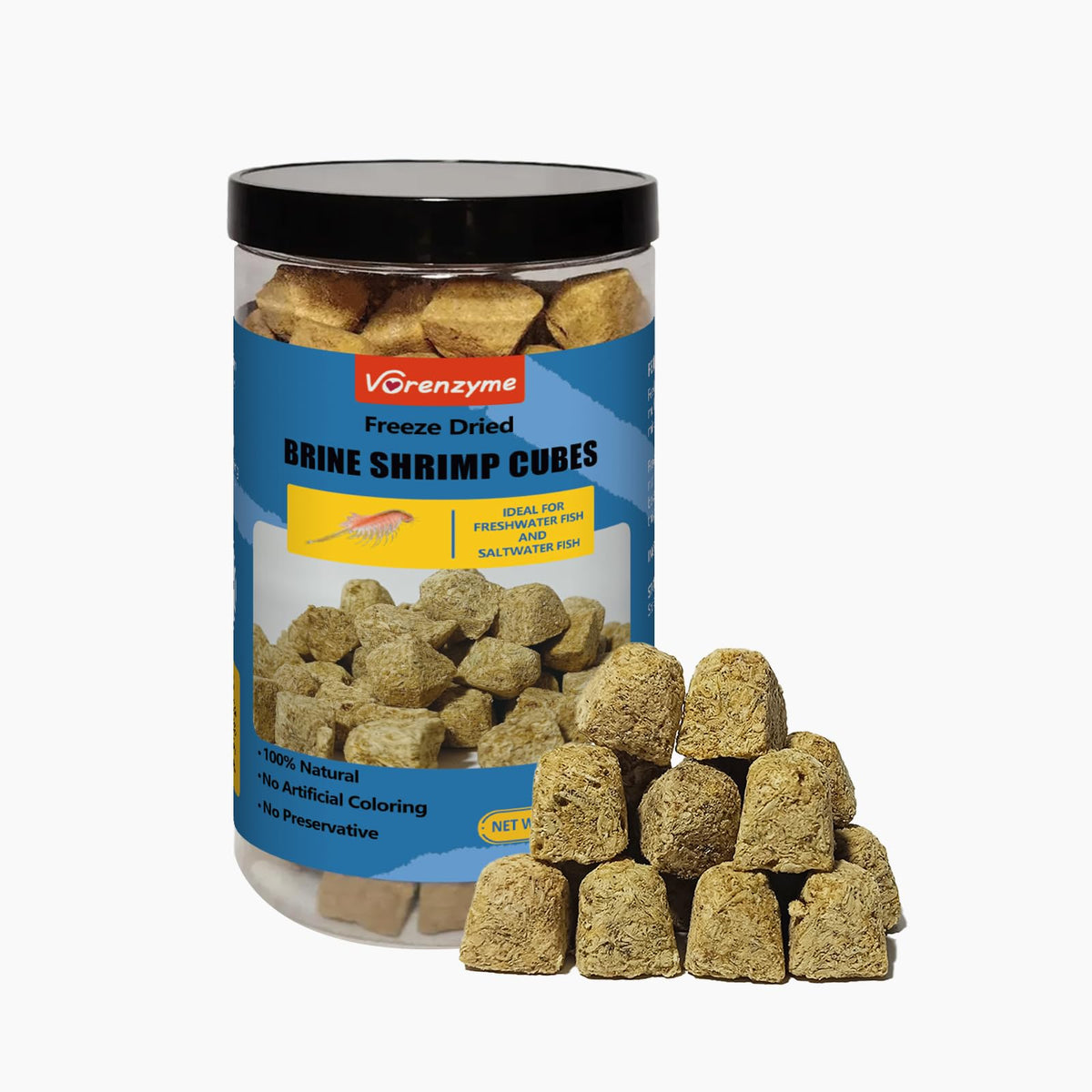 Vorenzyme Brine Shrimp Cubes 4.5 oz packaging highlights premium high-protein fish food